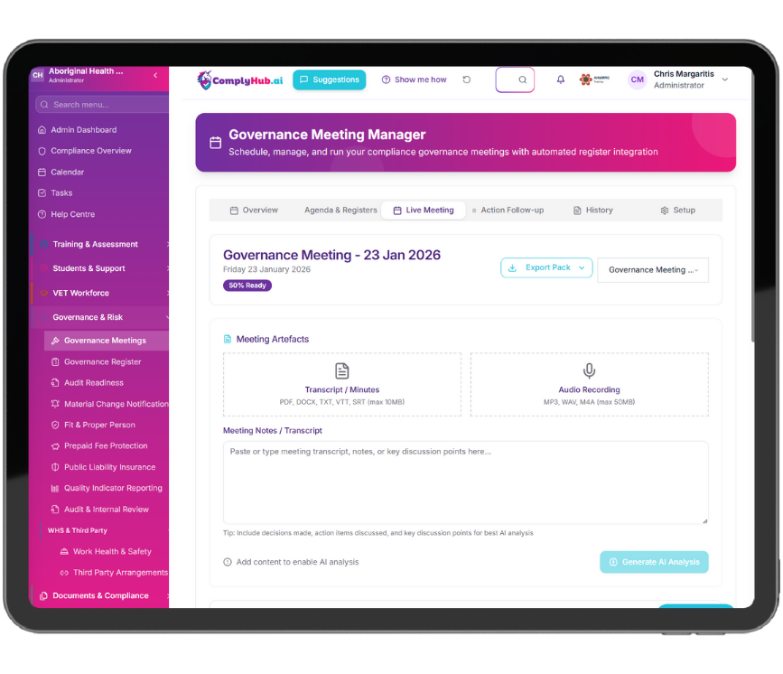 ComplyHub Governance Meeting Manager showing scheduled meetings, meeting minutes, and trainer reports